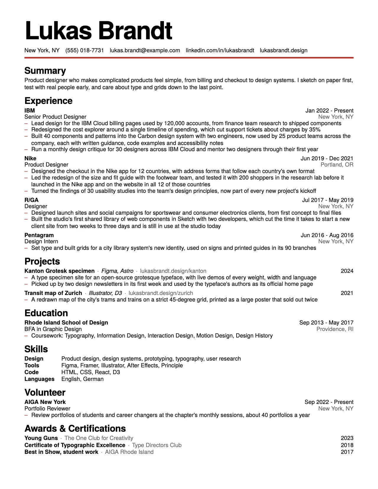 Swiss resume template: a sample one-page resume