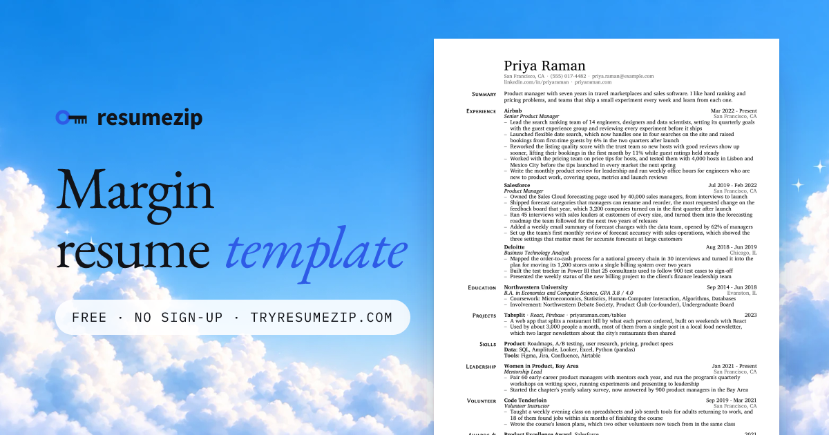 Margin resume template · resumezip